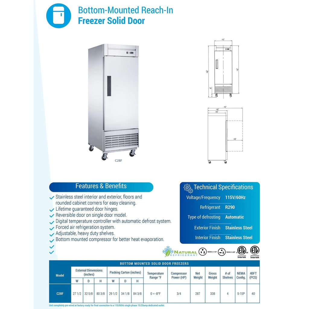 28 in. Commercial Single-Door Freezer, Solid Door Reach-In Freezer 18 Cu. Ft.