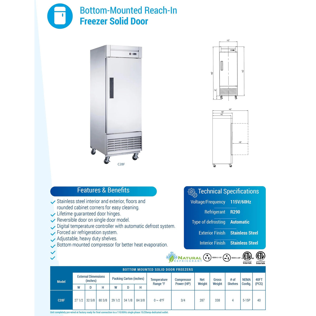 28 in. Commercial Single-Door Freezer, Solid Door Reach-In Freezer 18 Cu. Ft.