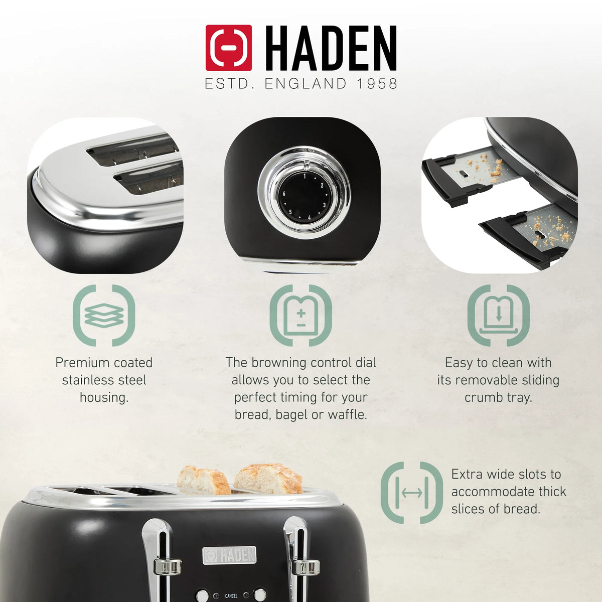 Haden Heritage 1500 1.7 Electric Kettle, Matte Black Finish with Copper Accents