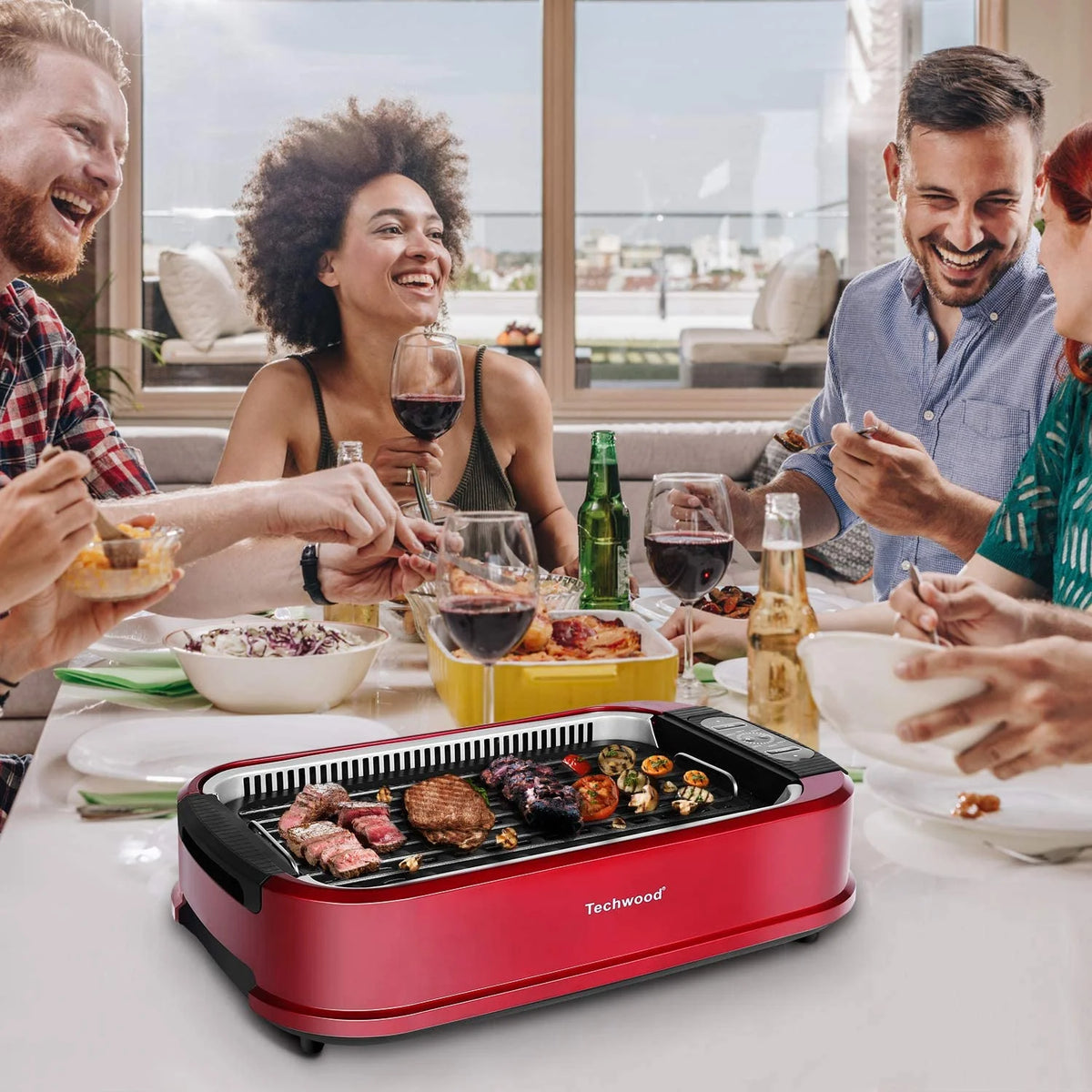 Techwood Indoor Smokeless Grill, 1500W, Black, Electric Portable Korean BBQ Grill with Tempered Glass Lid