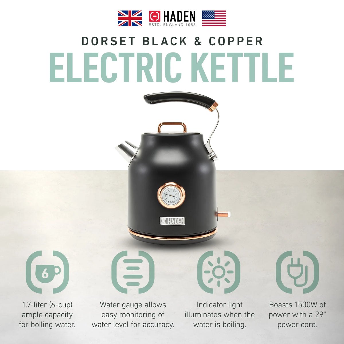 Open Box Haden 1.7 Liter Electric Water Kettle w/ 360-Degree Base, Black/Copper