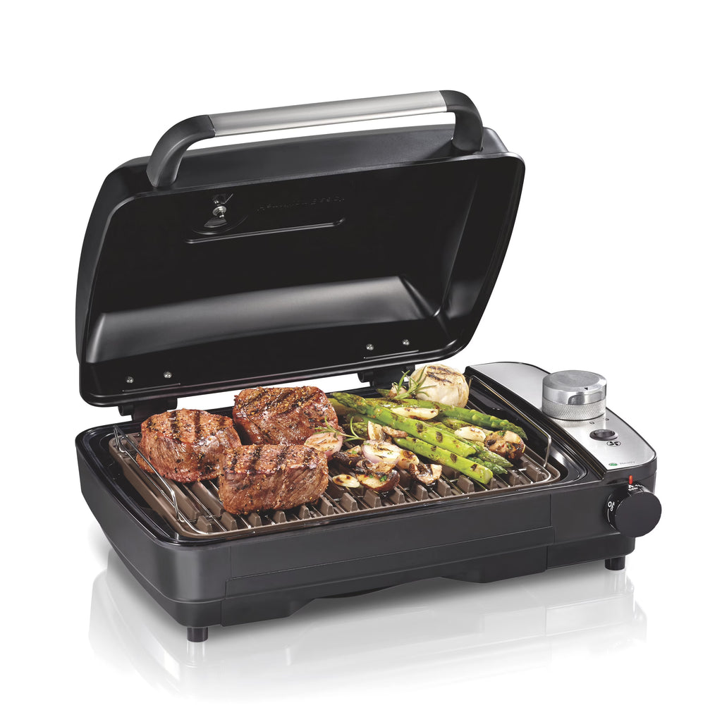 Hamilton Beach Electric Indoor Grill with Hot and Cold Smoke Infuser and Smoking Rack, Black