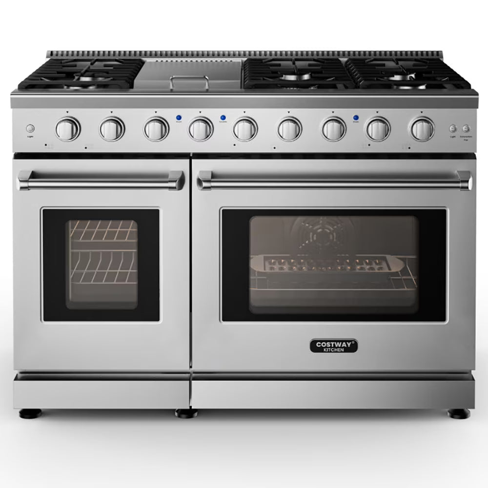 Spaco 48 Inches Freestanding Natural Gas Range with 7 Burners Cooktop, Gas Cooktop for Kitchen, Stainless Steel