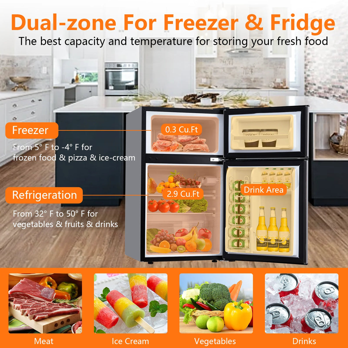 Zzistar 3.2 Cu. Ft Mini Fridge ,128L Compact Refrigerators with Freezer Refrigerator ,5 Adjustable Thermostat Settings