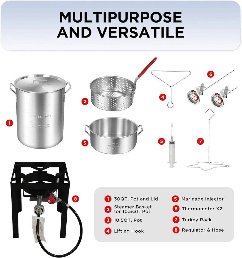 Red Mountain Valley Outdoor Propane Turkey Deep Fryer Set 30&10 Quart Fish Fryer with Basket, 50,000 BTU Burner, Large Seafood Boiler Kit, Outdoor Cooking for Frying, Boiling