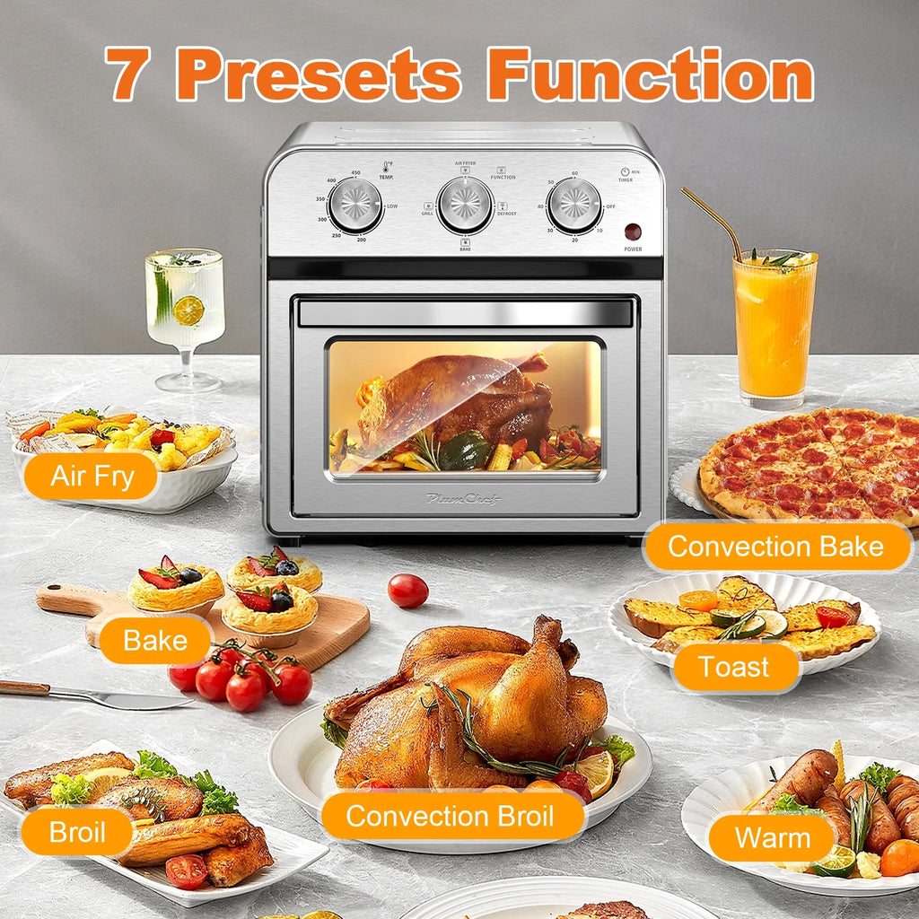 Plum Chef 13QT Air Fryer Toaster Oven Combo, 7-in-1 Multifunctional Countertop Oven with 360�� Hot Air Circulation for Healthy Oil-Free Cooking, Family Size, Stainless Steel, Silver