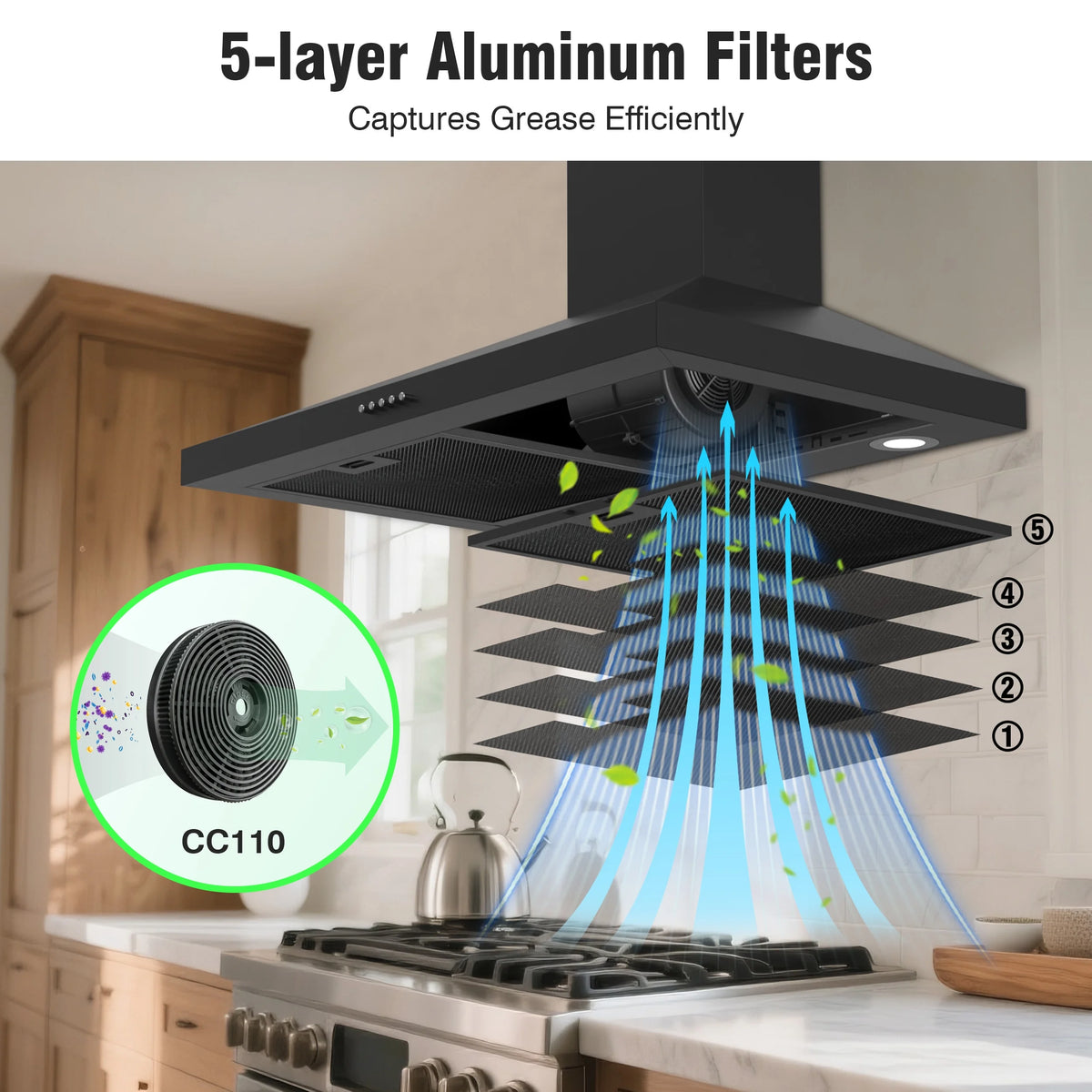FIREGAS Wall Mount Range Hood 30 inch Black Vent Hood for Kitchen400 CFM with Ducted Convertible Ductless Kitchen Hood in Stainless Steel, 3-speed Whole-House Fan, LED Lights