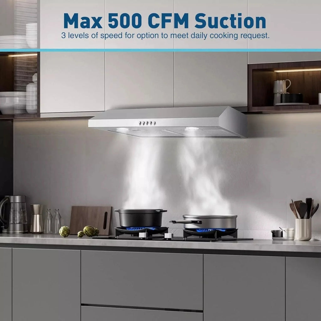 SNDOAS 30inch Under Cabinet Range Hood 500CFM 3-Speed Vent Stainless with Led Bulb