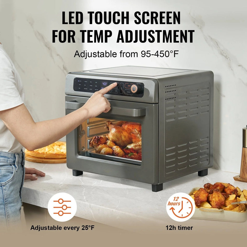 12-In-1 air-fried toaster oven, 25L convection table oven, 1700W stainless steel with pizza pan, rack and gloves, 12-slice and 12-inch pizza capacity