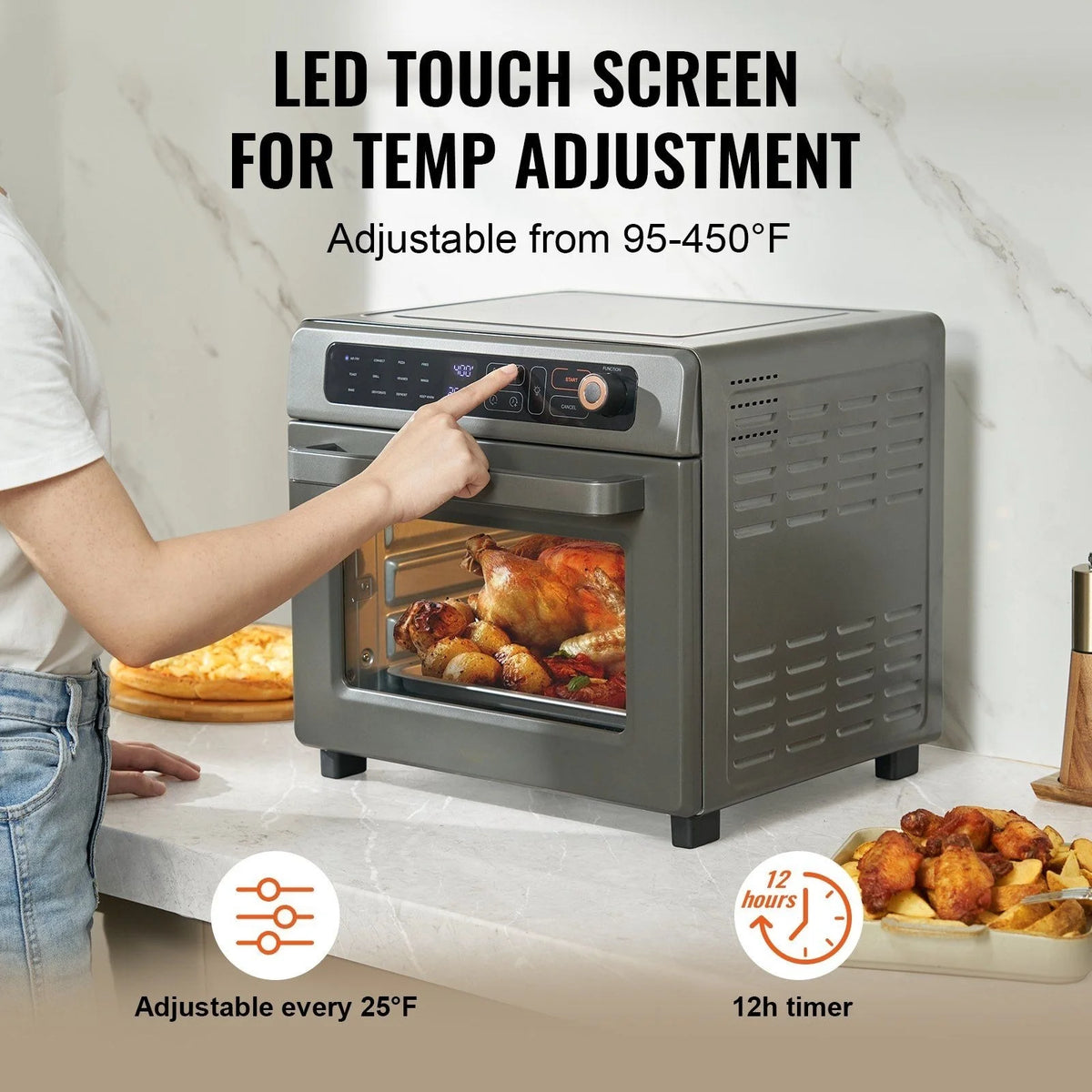 12-In-1 air-fried toaster oven, 25L convection table oven, 1700W stainless steel with pizza pan, rack and gloves, 12-slice and 12-inch pizza capacity