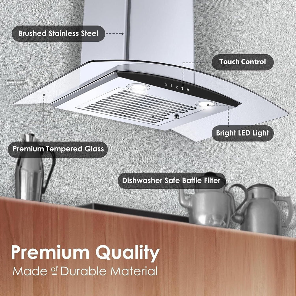 Tieasy 30-Inch Wall-Mounted Range Hood, 450CFM, Stainless Steel, 3-Speed Exhaust with Dishwasher-Safe Filter
