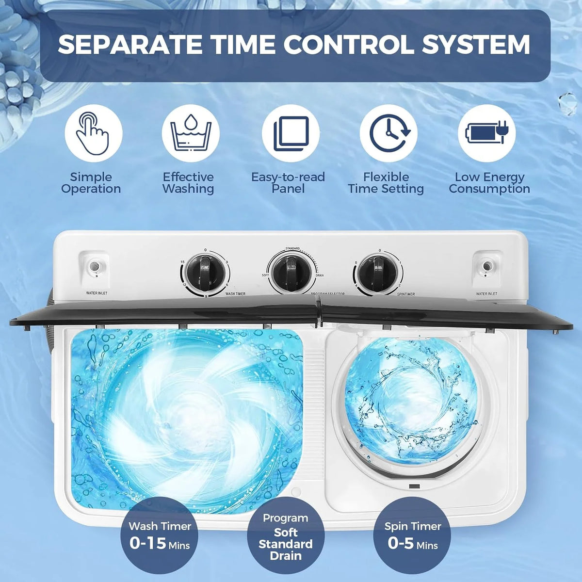 Qhomic Portable Washer 30lbs, 2-in-1 Twin Tub Washer & Dryer Combo Compact Semi-Automatic Washing Machine with Drain Pump, Black