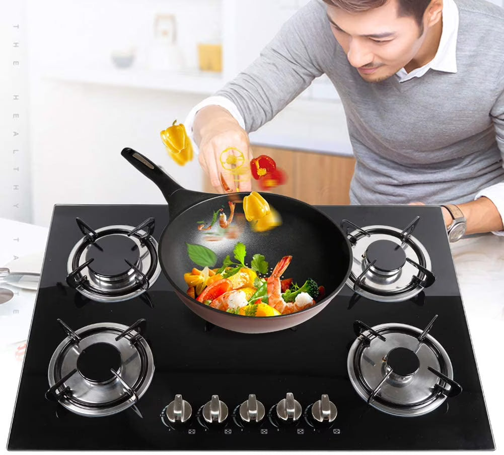 Miumaeov Gas Cooktop 30" Tempered Glass Gas Hob LPG/NG Cooktops Cooker Cooktop High Power Burners Kitchen Cooktop Black