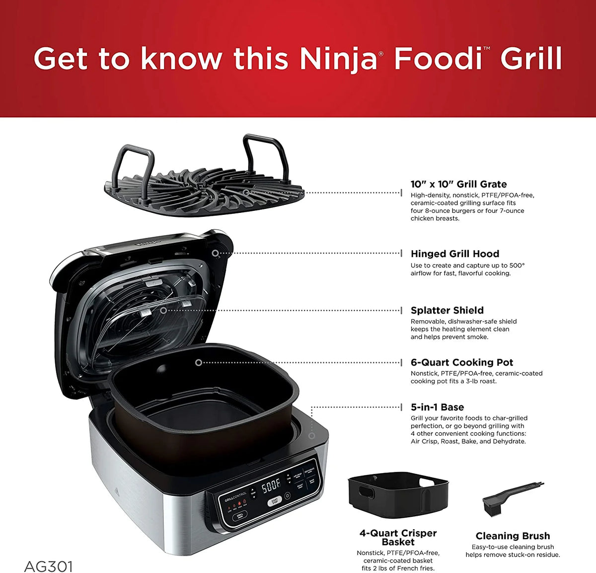 Ninja AG301 Foodi 5-in-1 Indoor Grill with 4-Quart Air Fryer