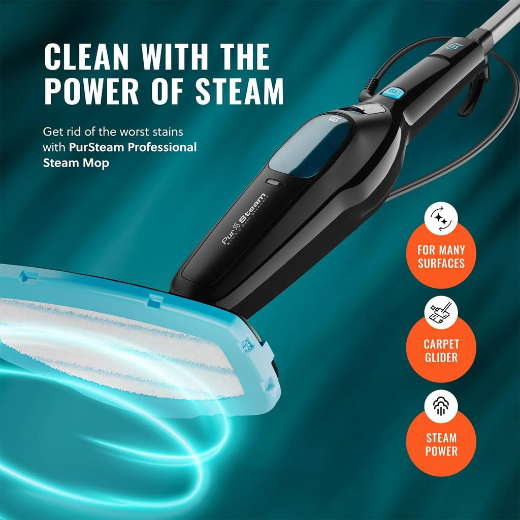 Pursteam ScrubMaster Steam Mop with Dual Scrubbing Head, LED Headlights, Adjustable Steam Control, Anti-Slip Swivel Head, Cable Holder & Upright Lock