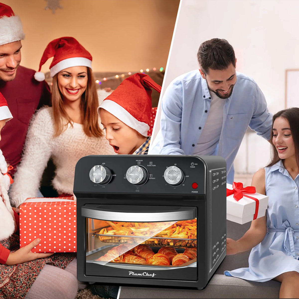 PlumChef 13 Quart 4 Slices Air Fryer Convection Toaster Oven, 1500W, 7 in 1 Multifunction with Roast, Bake, Grill, Broil, Toast, Dehydrate, Defrost, Stainless Steel