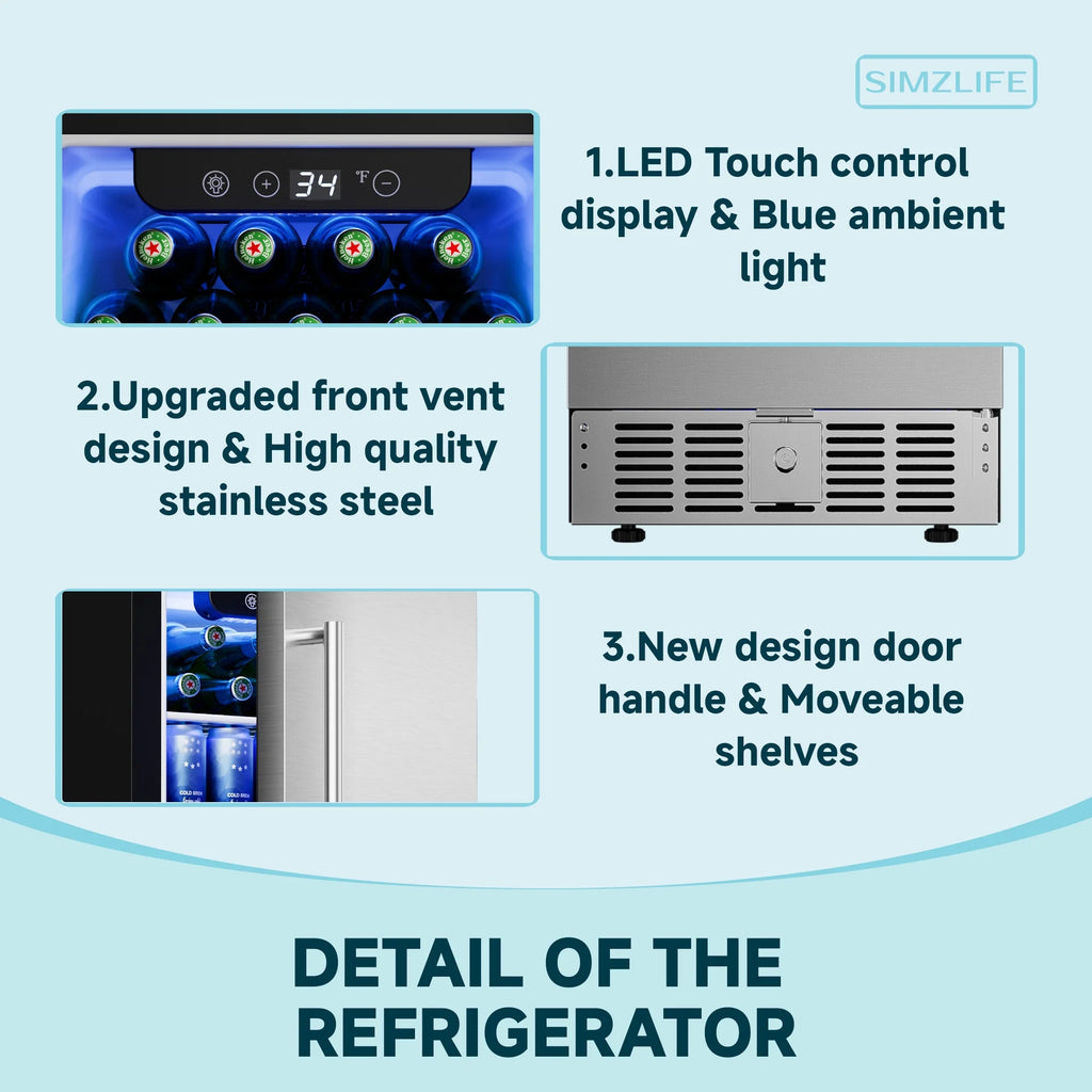 Simzlife 15 in. Single Zone 130-Cans Built-in Beverage Refrigerator Cooler Fridge in Silver Stainless Steel, with Auto LED Lights