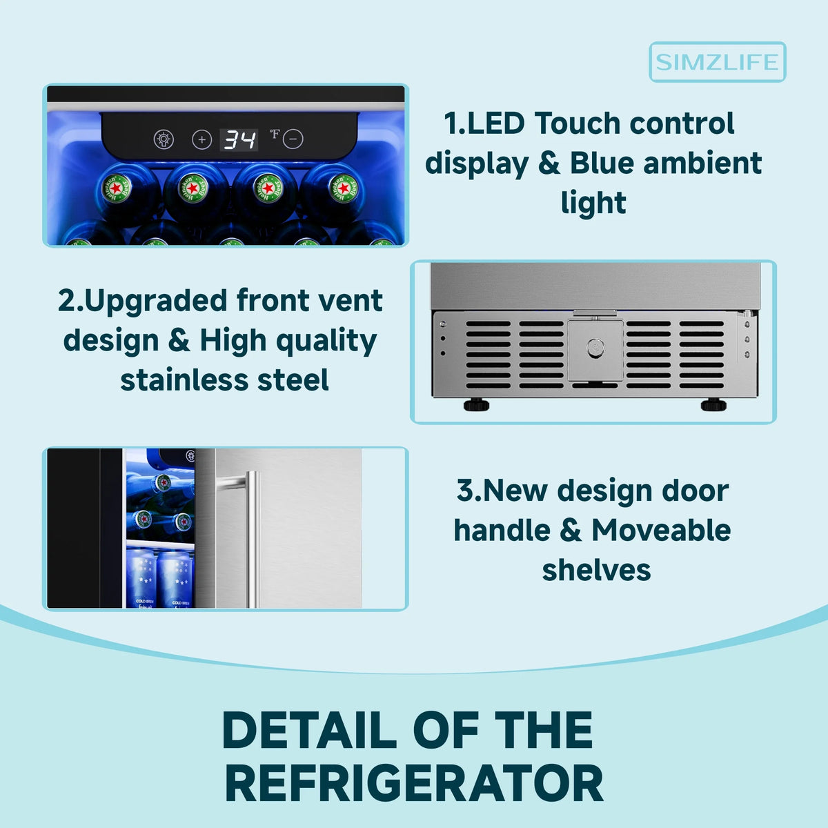 Simzlife 15 in. Single Zone 130-Cans Built-in Beverage Refrigerator Cooler Fridge in Silver Stainless Steel, with Auto LED Lights