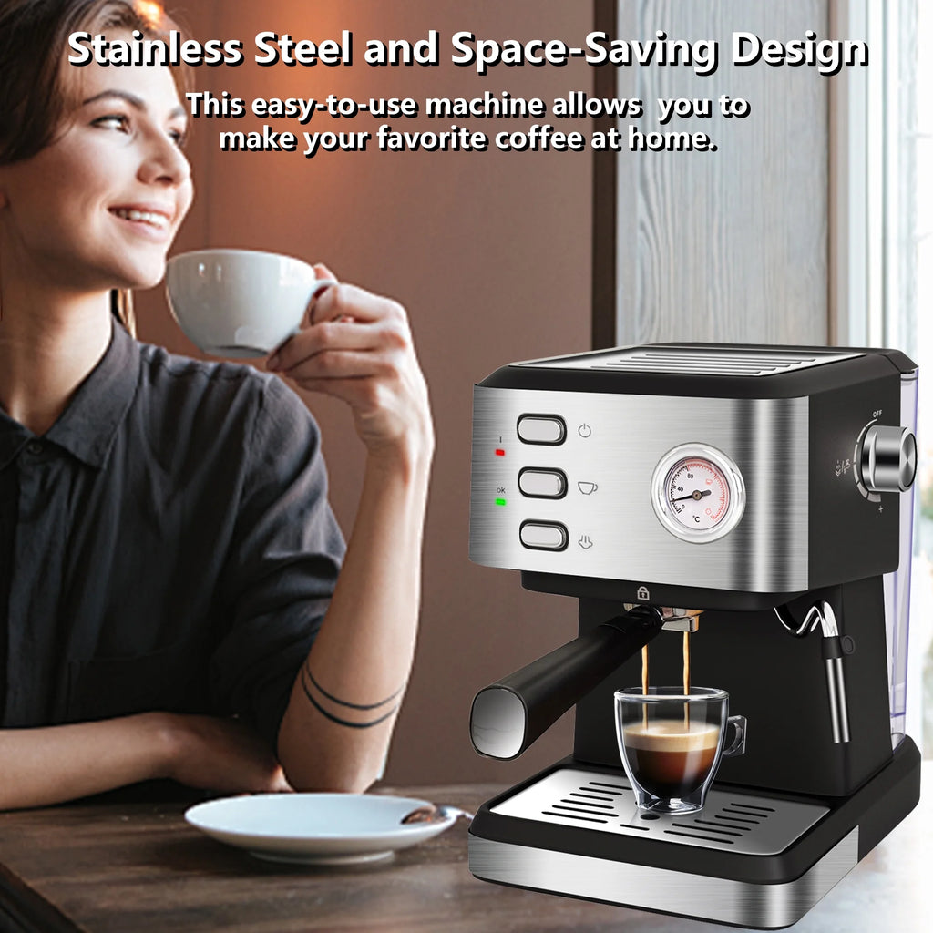Bluebow Espresso Machine 20 Bar, 1.5L Water Tank Pressure Gauge Milk Frother Steam Coffee Maker, Silver