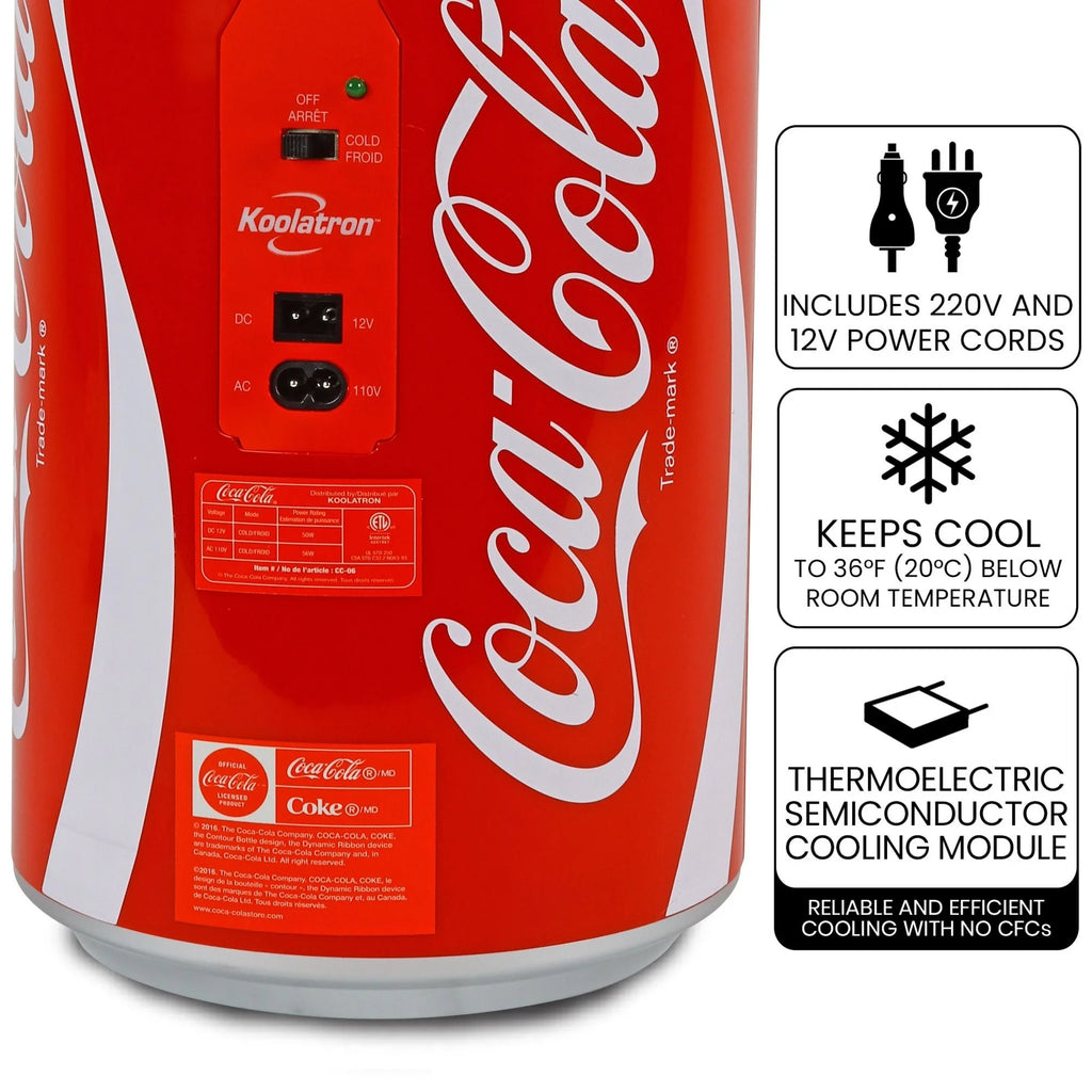 Coca-Cola 8 Can Portable Mini Fridge w/ 12V DC and 110V AC Cords, 5.4L (5.7 qt) Can Shaped Personal Cooler, Red, Travel Fridge for Drinks, Snacks, Lunch, Home, Office, Dorm Room, RV