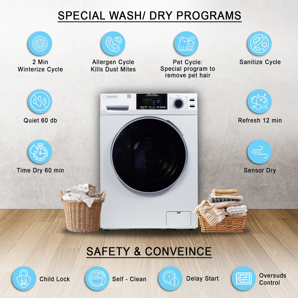 Equator Combination Washer Dryer Ventless/Vented Pet cycle 1.62cf/15lbs 110V with Adjustable legs