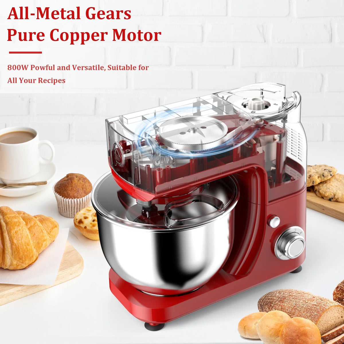 LINKChef Stand Mixer, 5.3QT 800W 6+P Speeds with Whisk, Dough Hook and Beater (White)