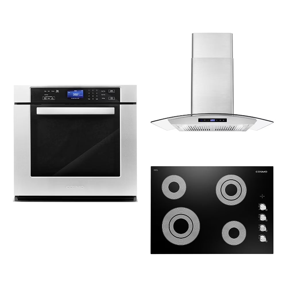 Cosmo 3 Piece Kitchen Appliance Package With 36" Electric Cooktop 36" Wall Mount Range Hood 24" Single Electric Wall Oven Kitchen Appliance Bundles