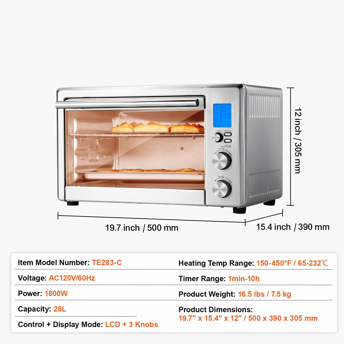 KFFKFF 10-Function Convection Oven, 28L/29.6Qt Versatile Standard Oven for Countertop, 1800W 4-Level Toaster with Transparent Front Door, Includes Trays Wire Racks Gloves