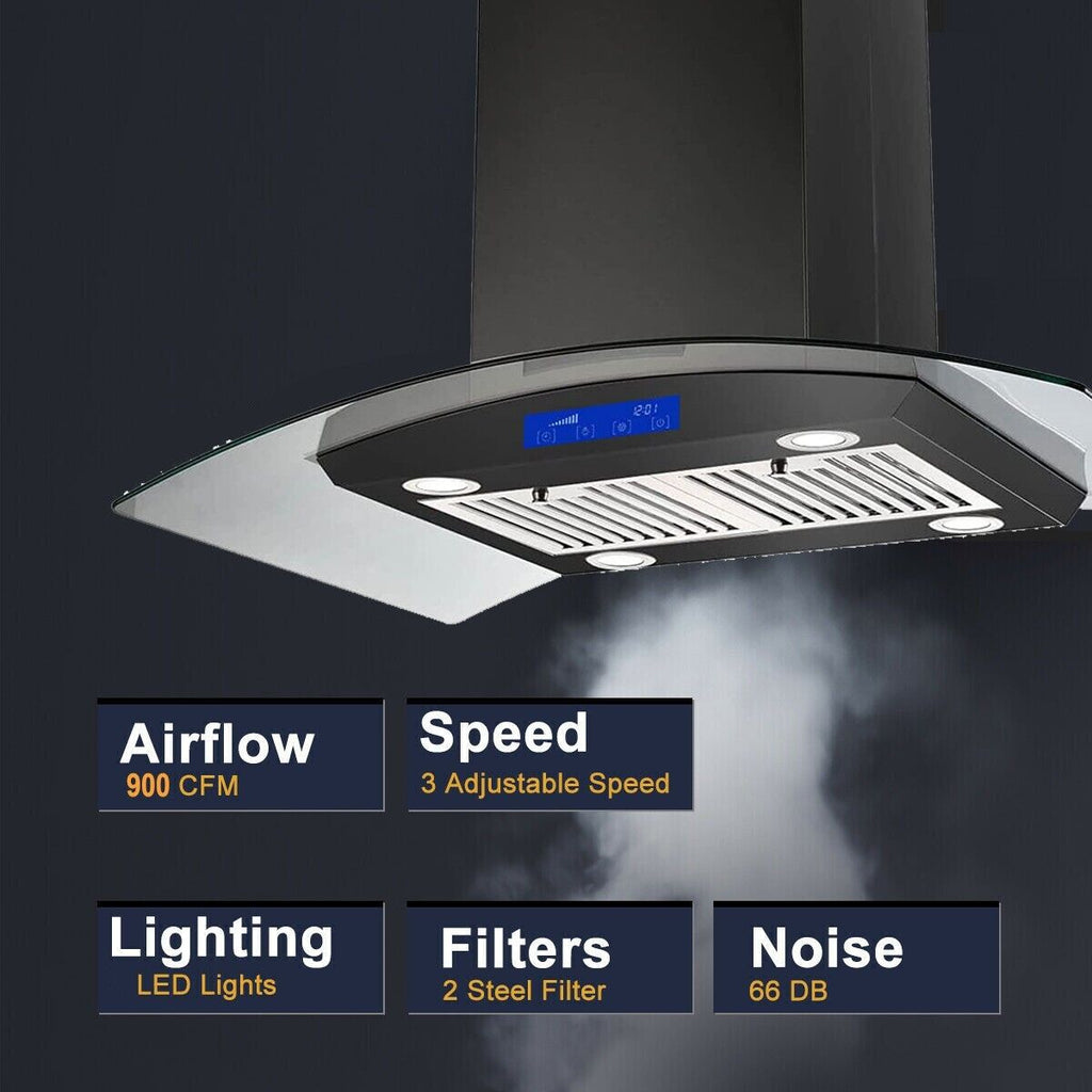 Joeaonz 30-Inch Island Range Hood 900CFM Stainless Steel with Glass Touch Control and Permanent Reusable Filters