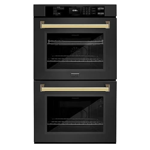 ZLINE 30 in. Autograph Edition Professional Convection Double Wall Oven with Air Fry and Self Clean in Black Stainless Steel with Polished Gold Handles (WADBZ-30-G)