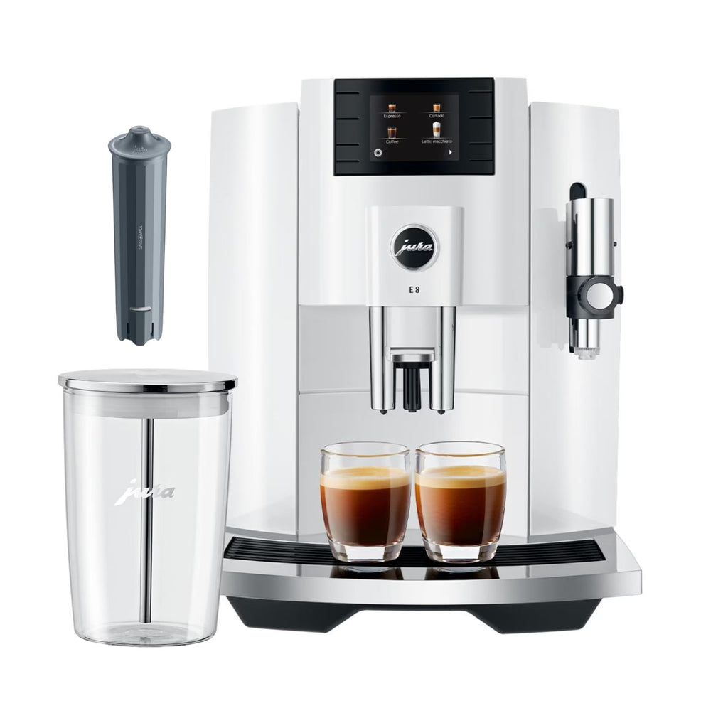 Jura E8 Automatic Espresso Machine (White) with Smart Filter Cartridge, and Glass Milk Container