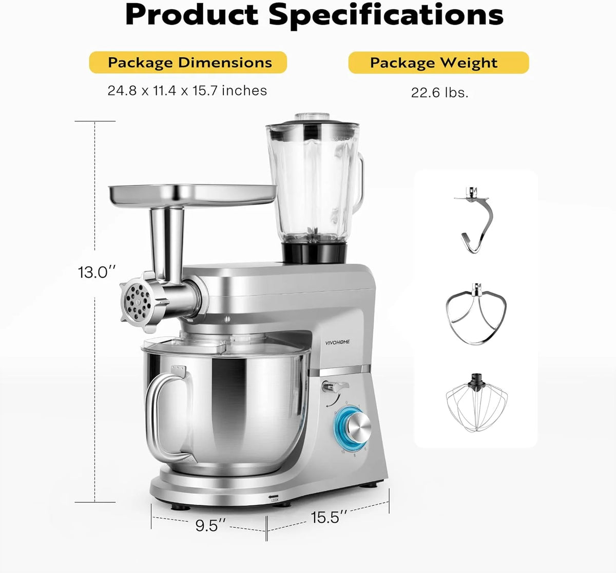 SPECSTAR 6 in 1 Multifunctional Stand Mixer with 8.5 Quart Stainless Steel Bowl, 660W 10 Speed Tilt-Head, Silver