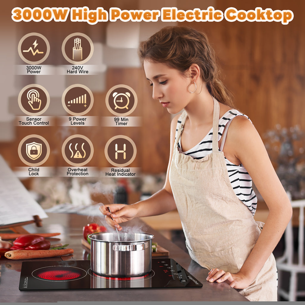 12 inch 3000W 2-Burner Built-In Ceramic Cooktop, Touch Control Radiation-Free ETL Certified