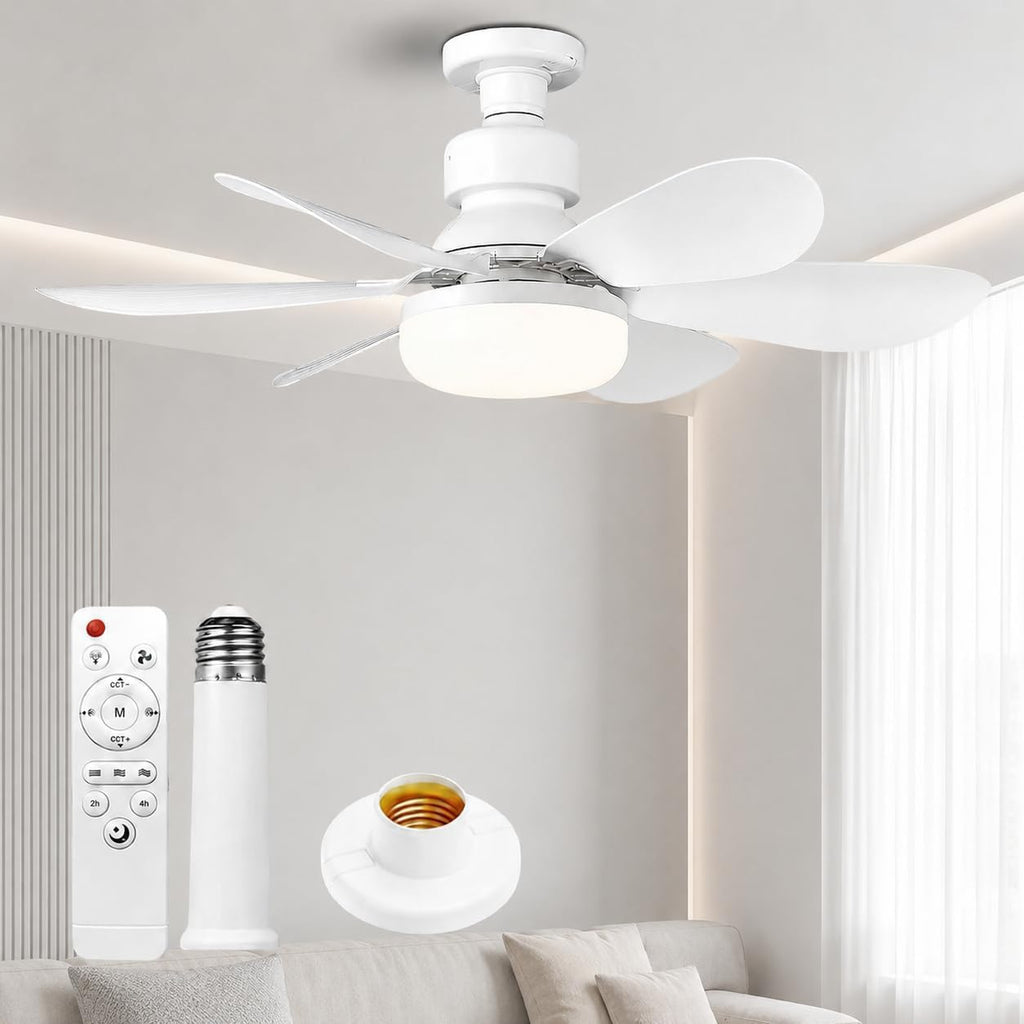 Ceiling Fan with Light and Remote Control, E27 Dimmable 40W LED Fan, 3 Speed, 6 Blades, Quiet, with Base and Extension Rod, Timer, for Bedroom, Living Room, Office, White, 52 cm