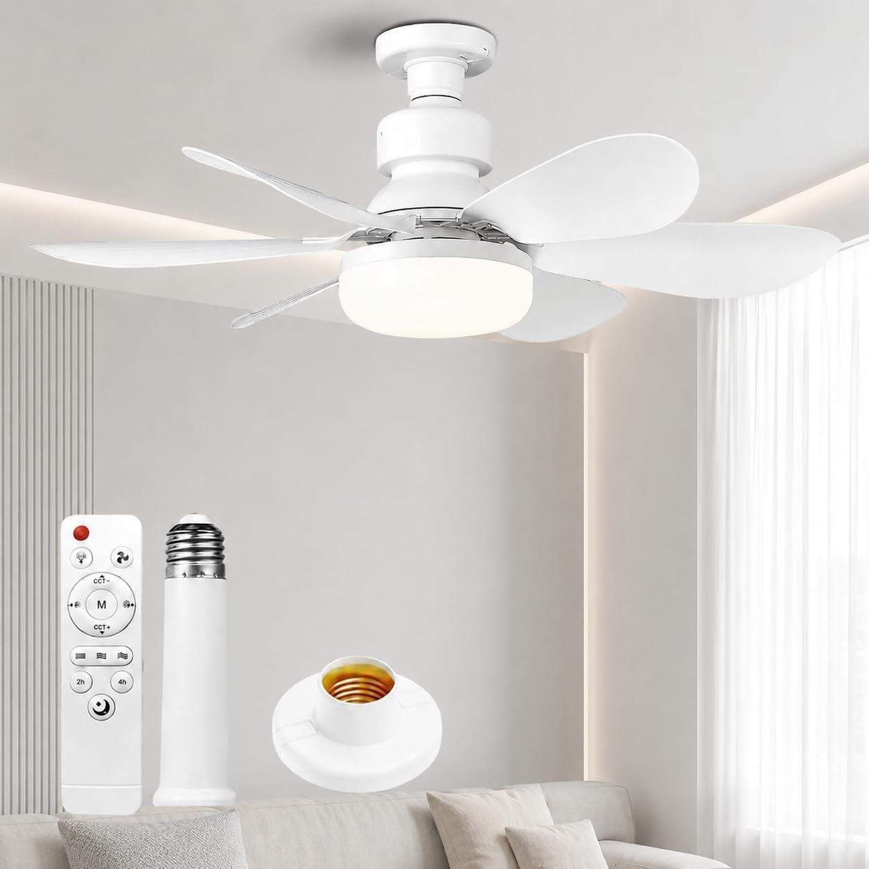 Ceiling Fan with Light and Remote Control, E27 Dimmable 40W LED Fan, 3 Speed, 6 Blades, Quiet, with Base and Extension Rod, Timer, for Bedroom, Living Room, Office, White, 52 cm