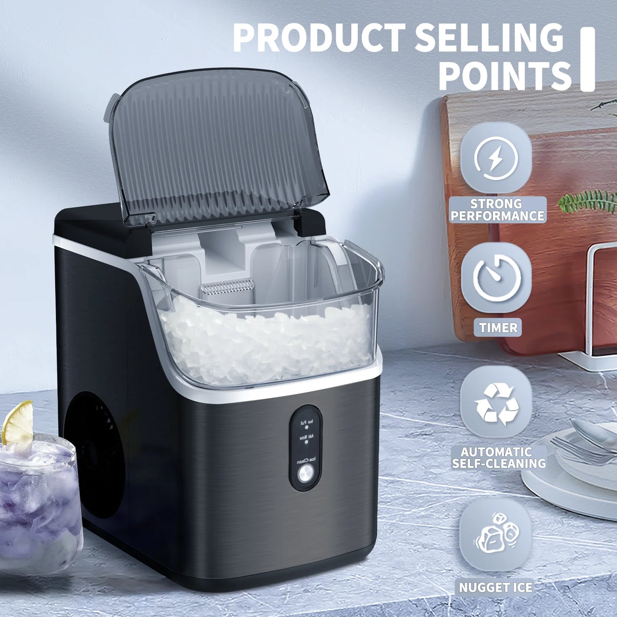 LHRIVER Nugget Countertop Ice Maker with Soft Chewable Ice, 35Lbs/24H, Self-Cleaning, Ice Scoop,Stainless Steel Silver