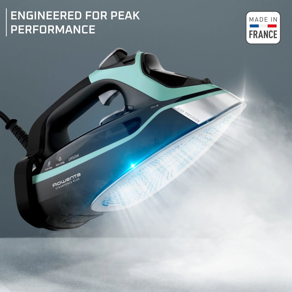 Rowenta Steam Force+ Iron for Clothes, Stainless Steel Soleplate, 1850 Watts, 400 Microsteam Holes, Garment Steamer, Black & Blue, DW9440U1