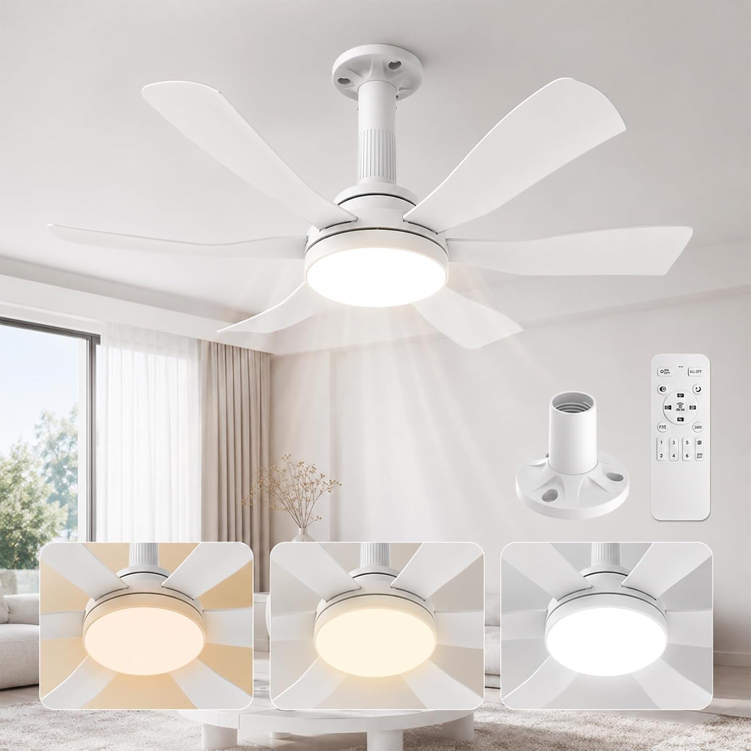 Hisummer 71 cm Ceiling Fan with Light and Remote Control, E27 Connection Only with Base Supplied, Quick Installation, Small Silent Ceiling Fan for Children's Bedroom