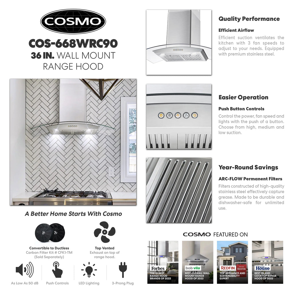 30 in. Vista Collection Ductless Wall Mount Range Hood, Button Controls, LED Lights, Stainless Steel