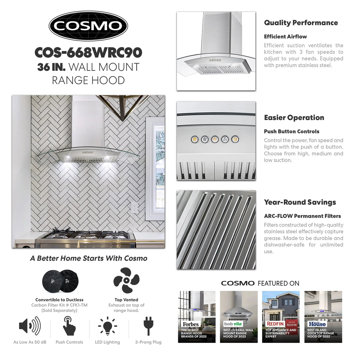 30 in. Vista Collection Ductless Wall Mount Range Hood, Button Controls, LED Lights, Stainless Steel