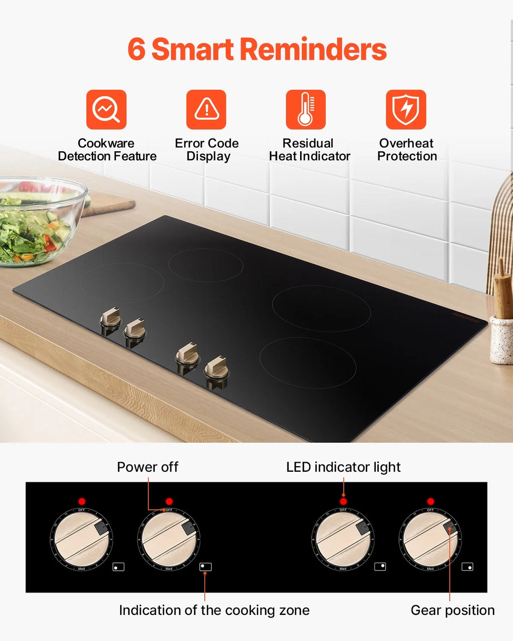 KFFKFF 4 Burner Built-in Electric Cooktop, 6600W 30" Built-in Top Electric Stove, with Knob Control, Temperature & Power Levels, Glass Top, Independent Control for Different Pots