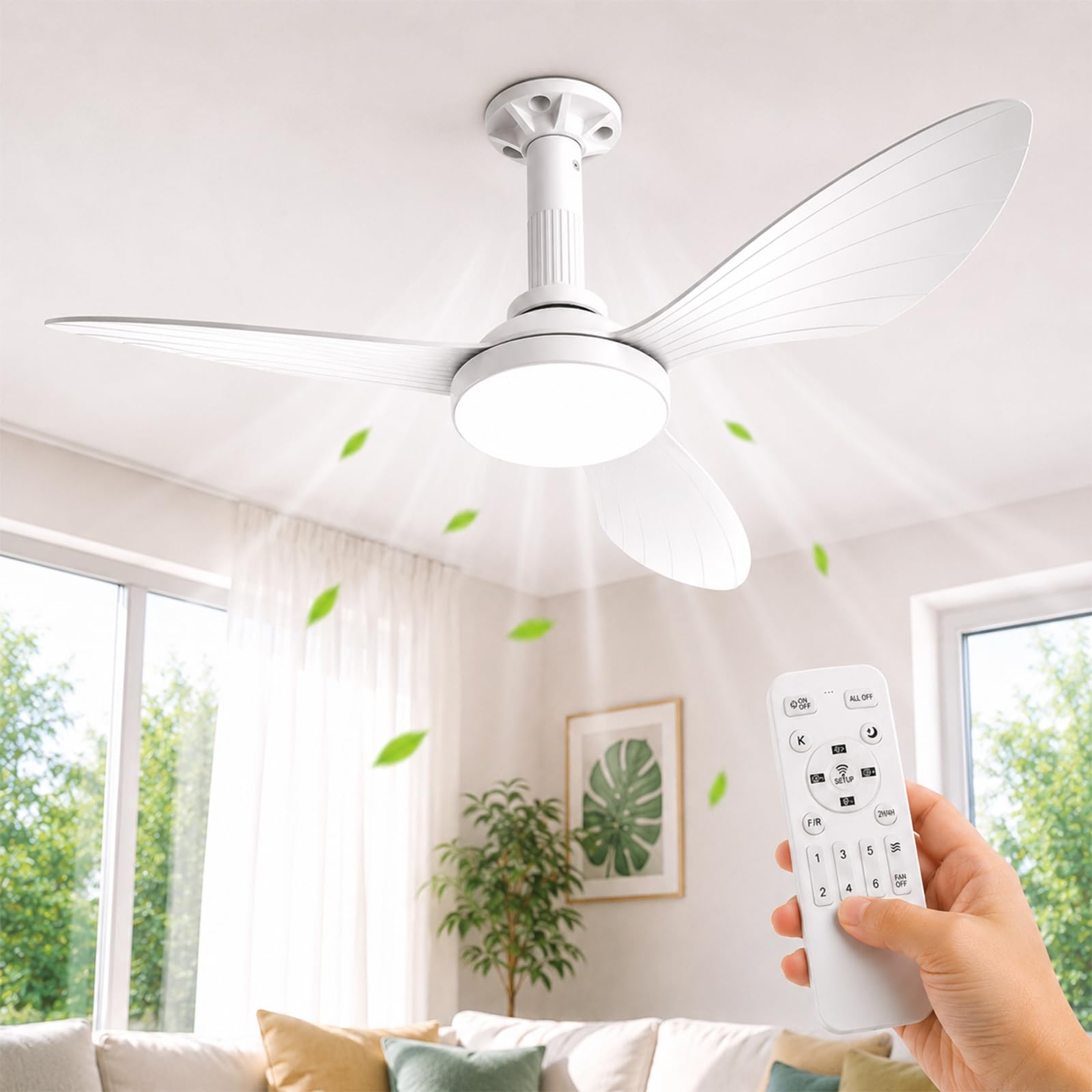 Hisummer 106 cm Ceiling Fan with Light, E27 Connection Only with Base Supplied, Quick Assembly Silent Reversible Ceiling Fan with Remote Control for Bedrooms, Living Rooms, Kitchens