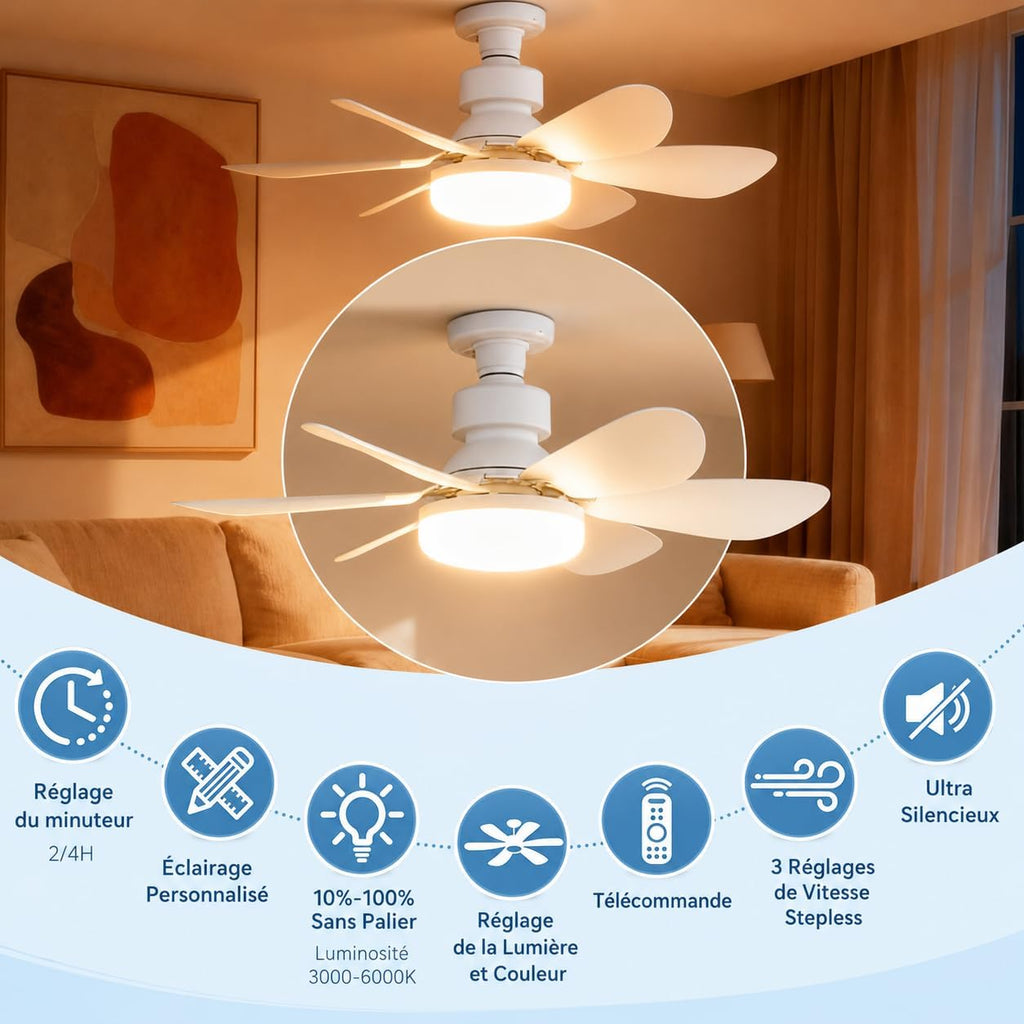 Ceiling Fan with Light and Remote Control, E27 Dimmable 40W LED Fan, 3 Speed, 6 Blades, Quiet, with Base and Extension Rod, Timer, for Bedroom, Living Room, Office, White, 52 cm