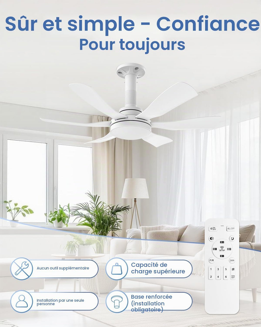 Hisummer 71 cm Ceiling Fan with Light and Remote Control, E27 Connection Only with Base Supplied, Quick Installation, Small Silent Ceiling Fan for Children's Bedroom