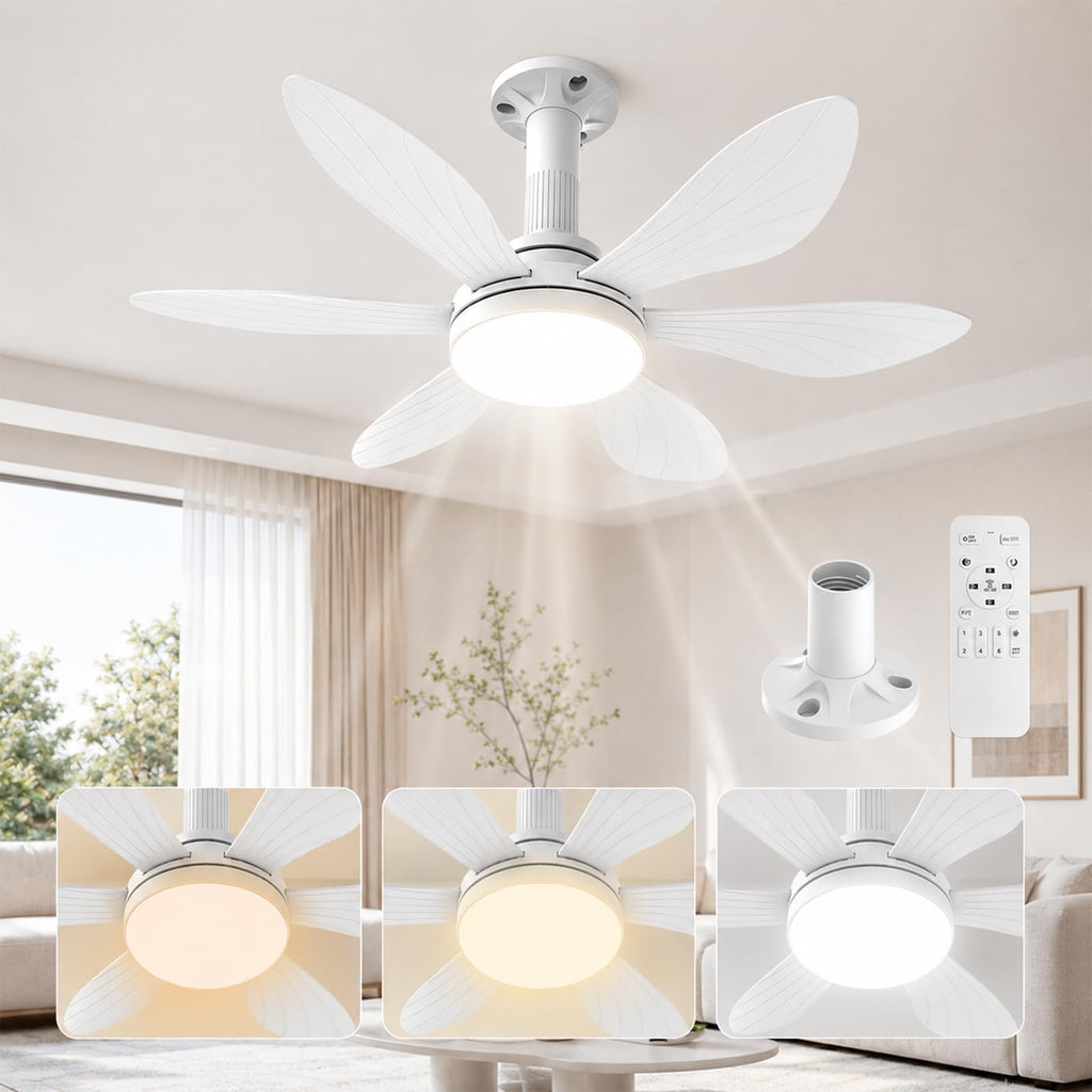 Hisummer 71 cm Ceiling Fan with Light and Remote Control, E27 Connection Only with Base Supplied, Quick Installation, Small Silent Ceiling Fan for Children's Bedroom