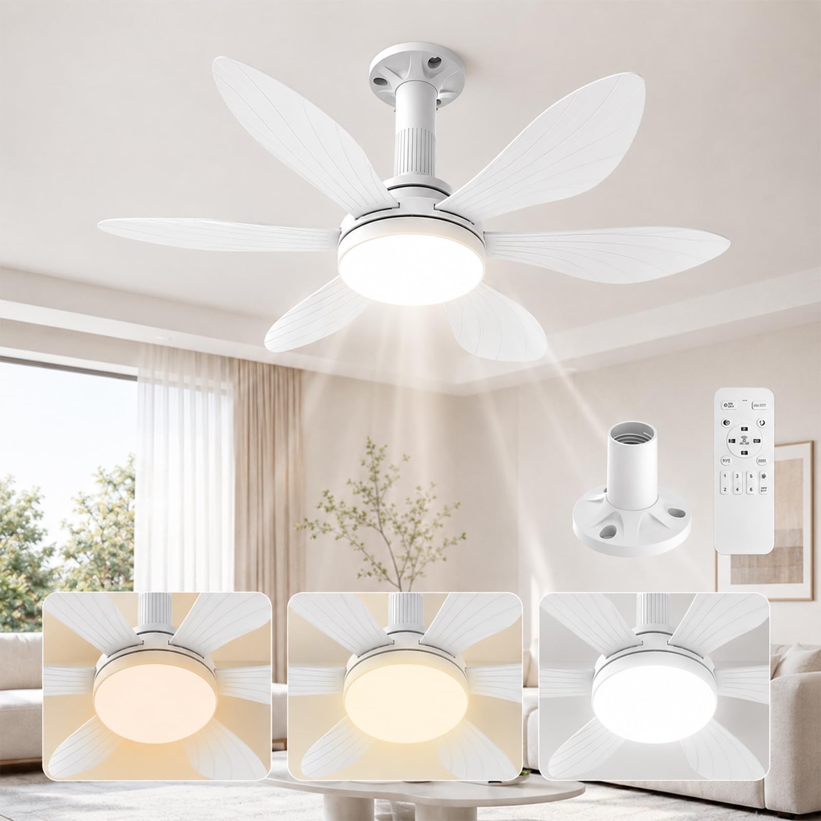 Hisummer 71 cm Ceiling Fan with Light and Remote Control, E27 Connection Only with Base Supplied, Quick Installation, Small Silent Ceiling Fan for Children's Bedroom