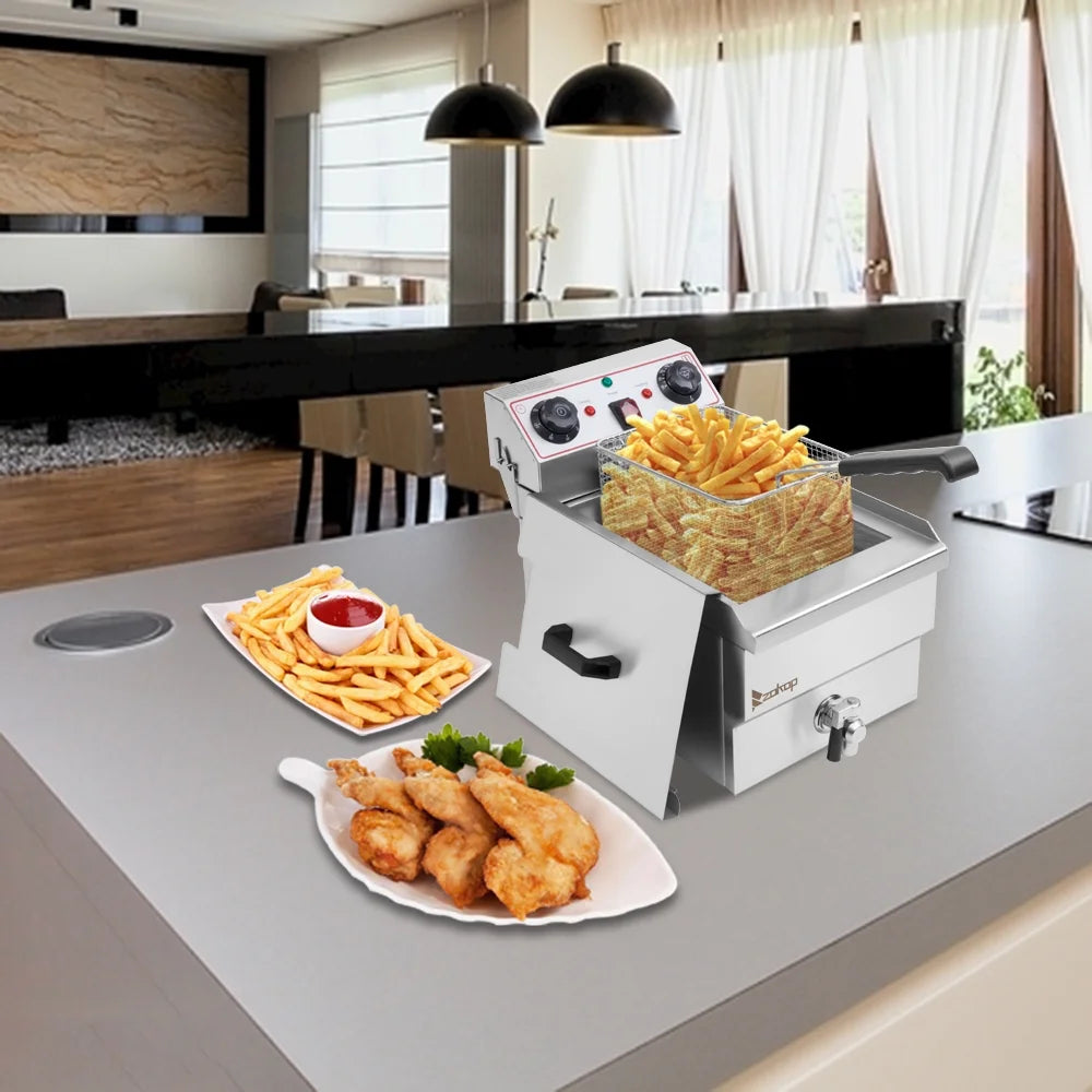 EH102V 110V 110V,3400W 24.9quart/23.6L Stainless Steel Double Cylinder Electric Fryer US Plug, Electric Deep Fryer Frying with 2 Faucets and Lids for Home Use, Adjustable Temperature, Easy to clean