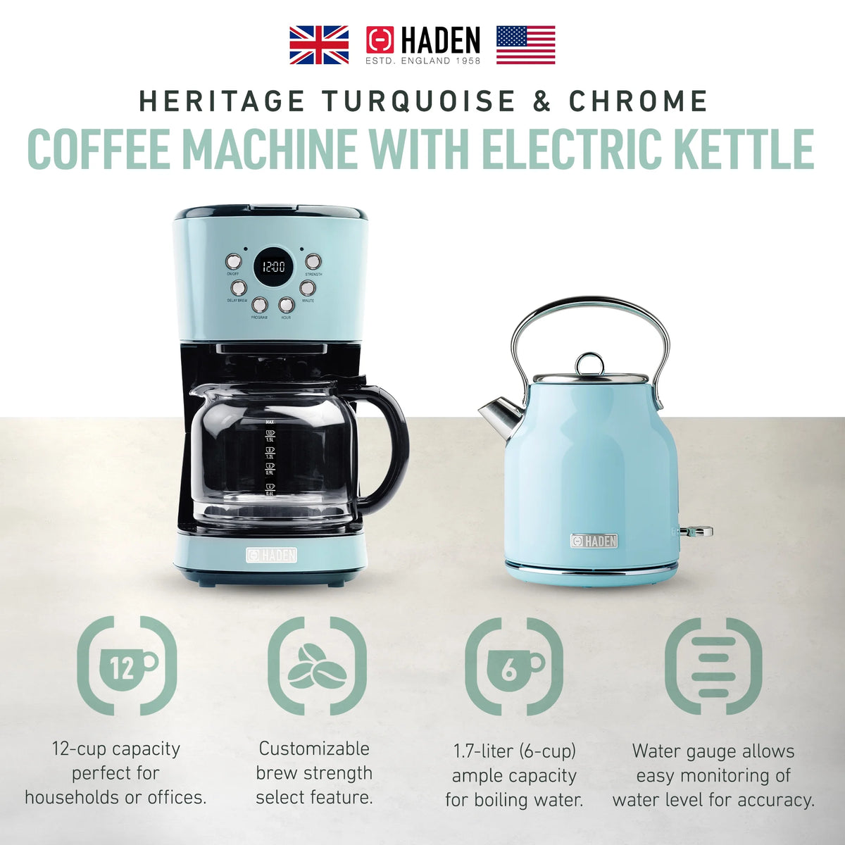 Haden Coffee Maker & Heritage 1.7 Liter Electric Kettle, Black & Chrome