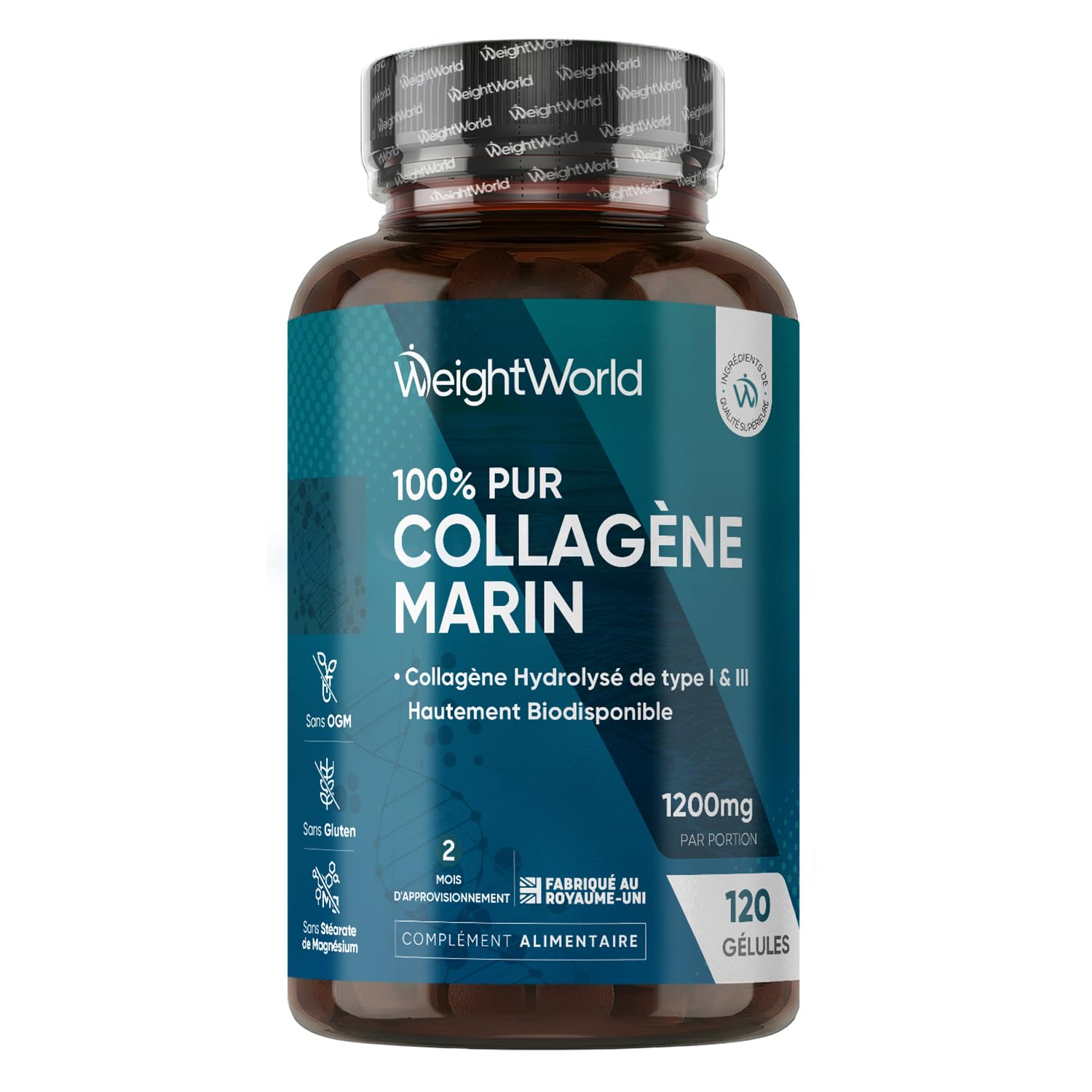 Collagene Marin Gelules Pur Type 1 & 3, 120 Gélules Multi-Usages, Peptide de Collagene Marin Hydrolysé, 1200mg sans Additifs ni OGM, sans Gluten ni Stéarate de Magnésium, 2 Mois d'Approvisionnement