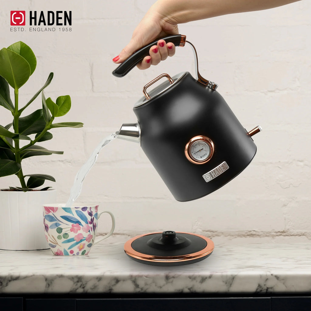 Open Box Haden 1.7 Liter Electric Water Kettle w/ 360-Degree Base, Black/Copper